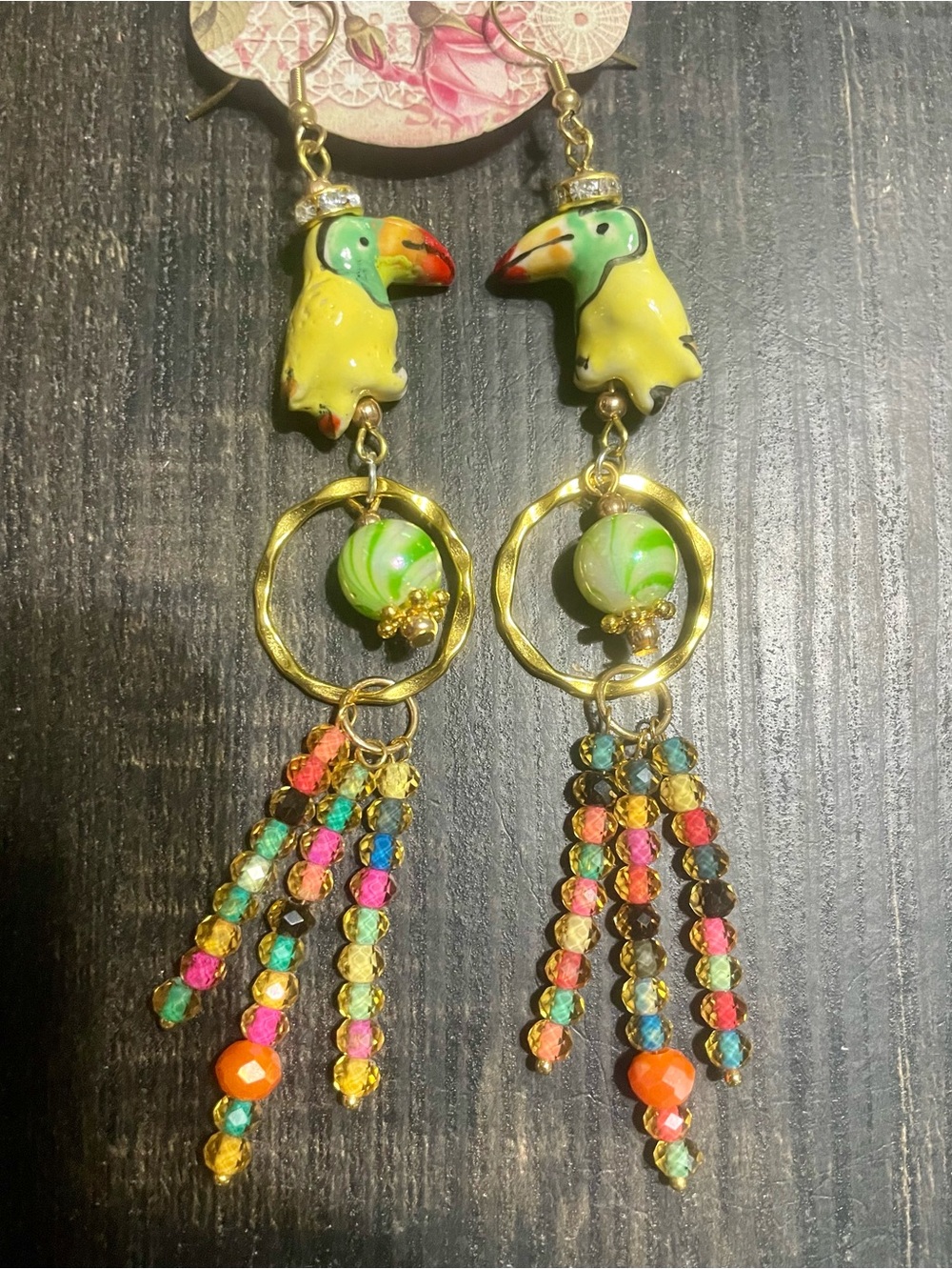 Hand Crafted Multicolor Toucan Sam Dangle Earrings with Gold Accents - Picture 3 of 6